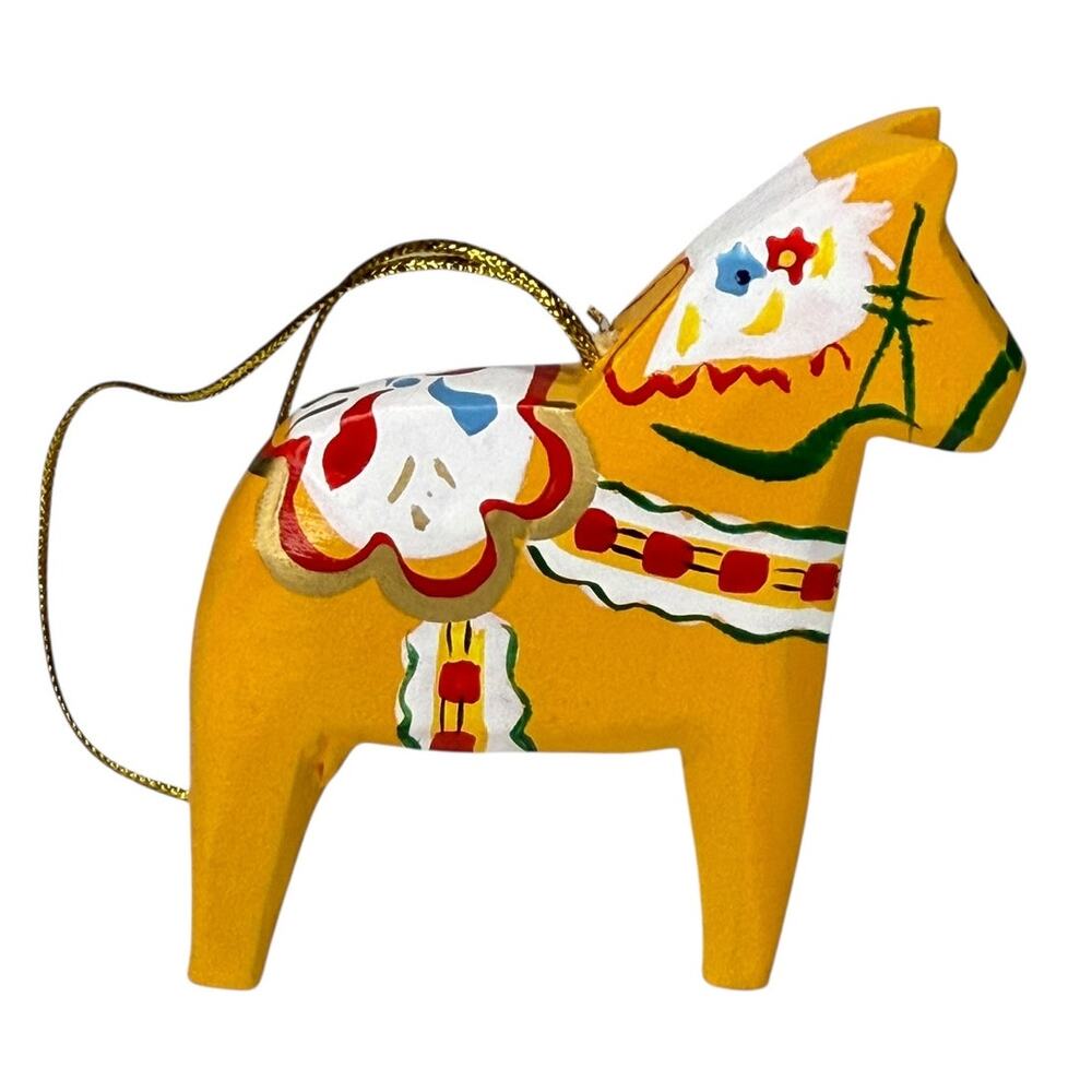 Vintage Swedish Dala Horse Ornament Nordic Scandinavian Wooden Yellow Dala Horse